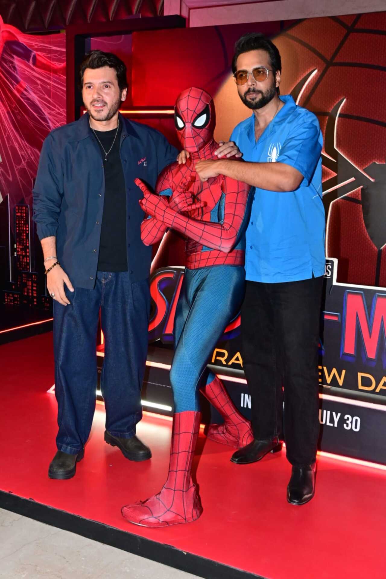 Mirzapur stars Divyenndu and Abhishek Sharma were seen posing together at the red carpet screening of Spider-Man: Brand New Day.